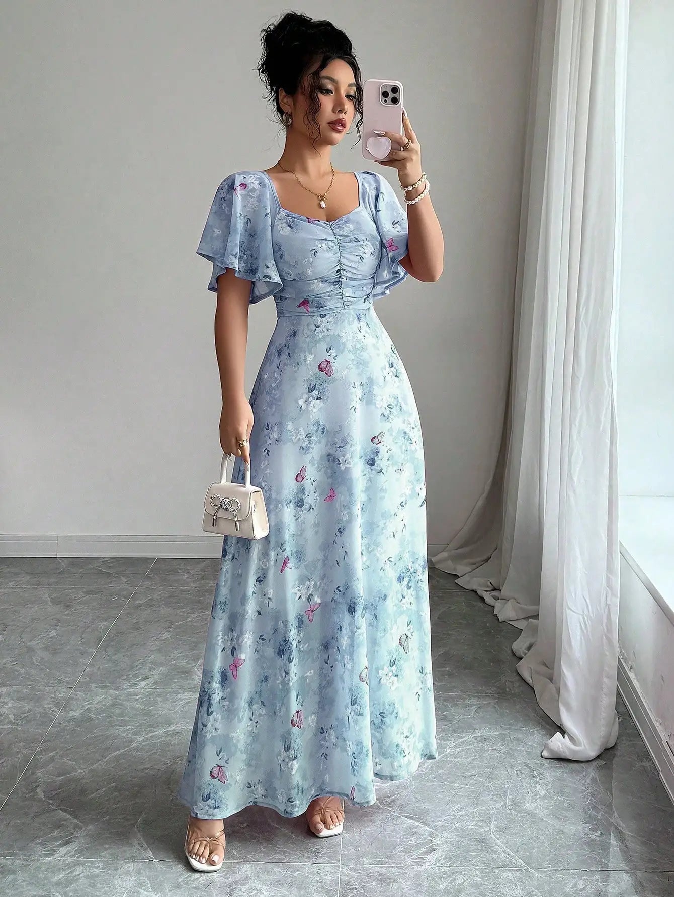 Women's Chiffon Butterfly Print Ruched Square Neck Batwing Sleeve Maxi Dress