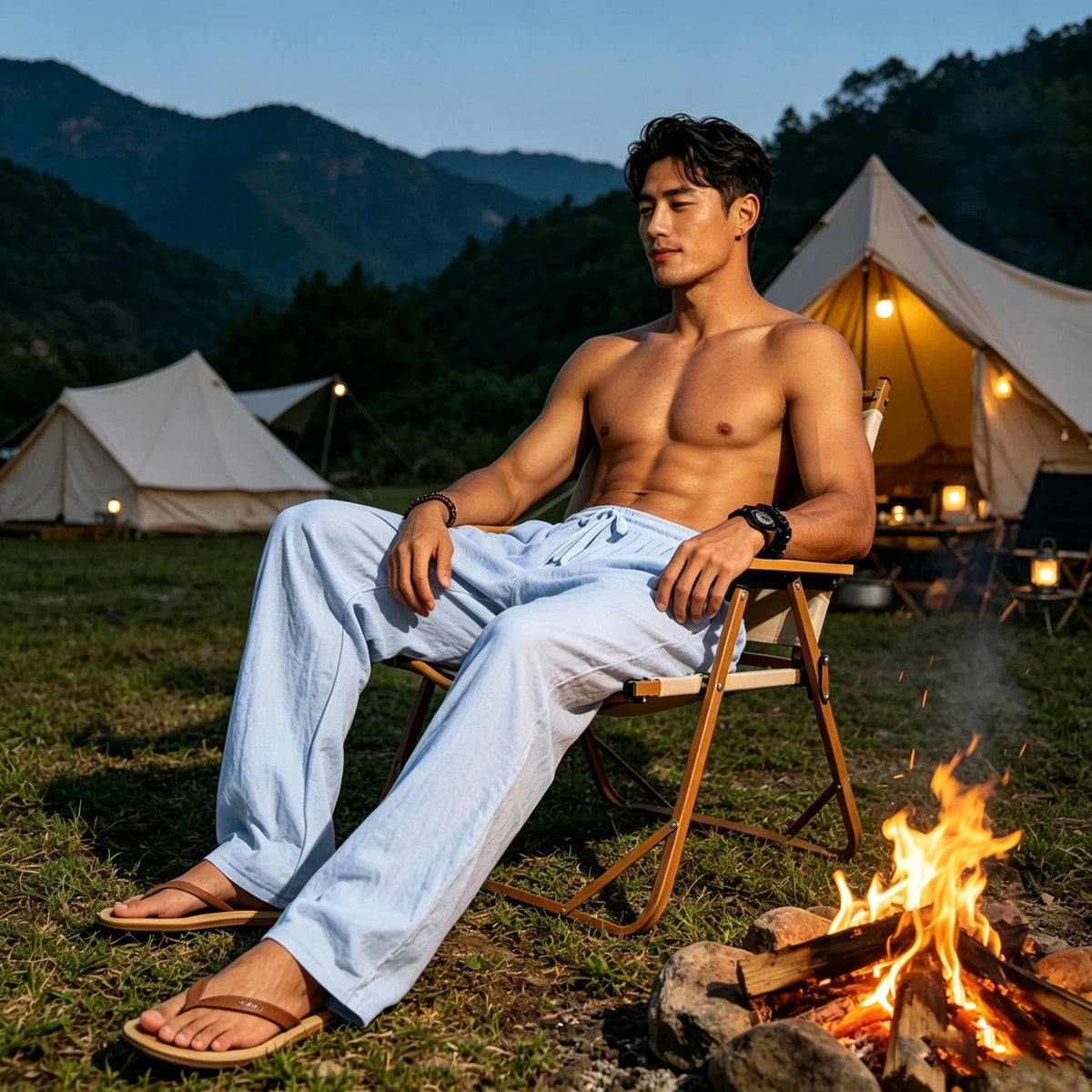 Men's Linen Casual Pants Elastic Drawstring Waist Wide Leg Trousers Summer Breathable Loose Fit Beach Pants Holiday Daily Wear