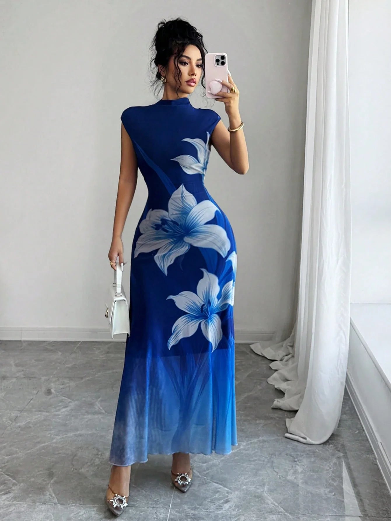 Navy Blue Ombre Mesh Floral Print Elegant Fitted A-Line Floor Length Dress