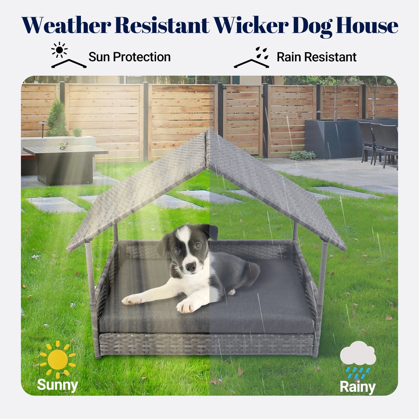 Elevated Wicker Dog House With Canopy Outdoor Water Resistant Cushion