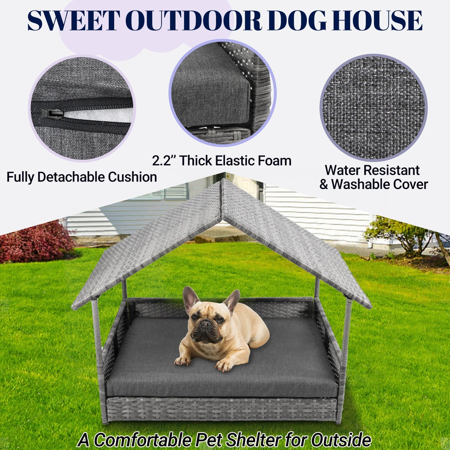 Elevated Wicker Dog House With Canopy Outdoor Water Resistant Cushion