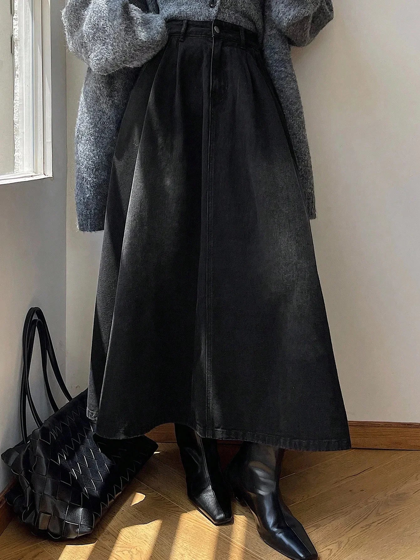 Women's A-Line Denim Skirt, Loose Fit, High Waist, Full Length
