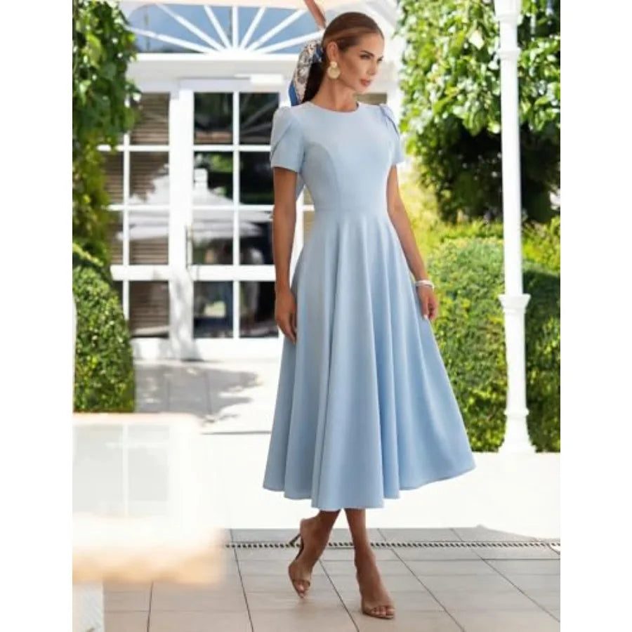MEROKEETY Women's 2026 Summer Midi Dresses Short Sleeve Crewneck A Line Pleated Wedding Guest Flowy Long Dress with Pockets