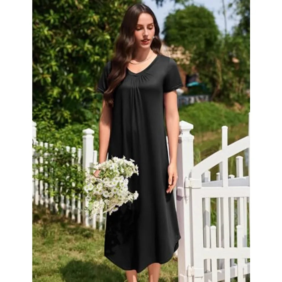 Ekouaer 3 Pack Long Nightgowns for Women Plus Size House Dress Short Sleeve Night Gown V Neck Casual Nightshirt M-5XL