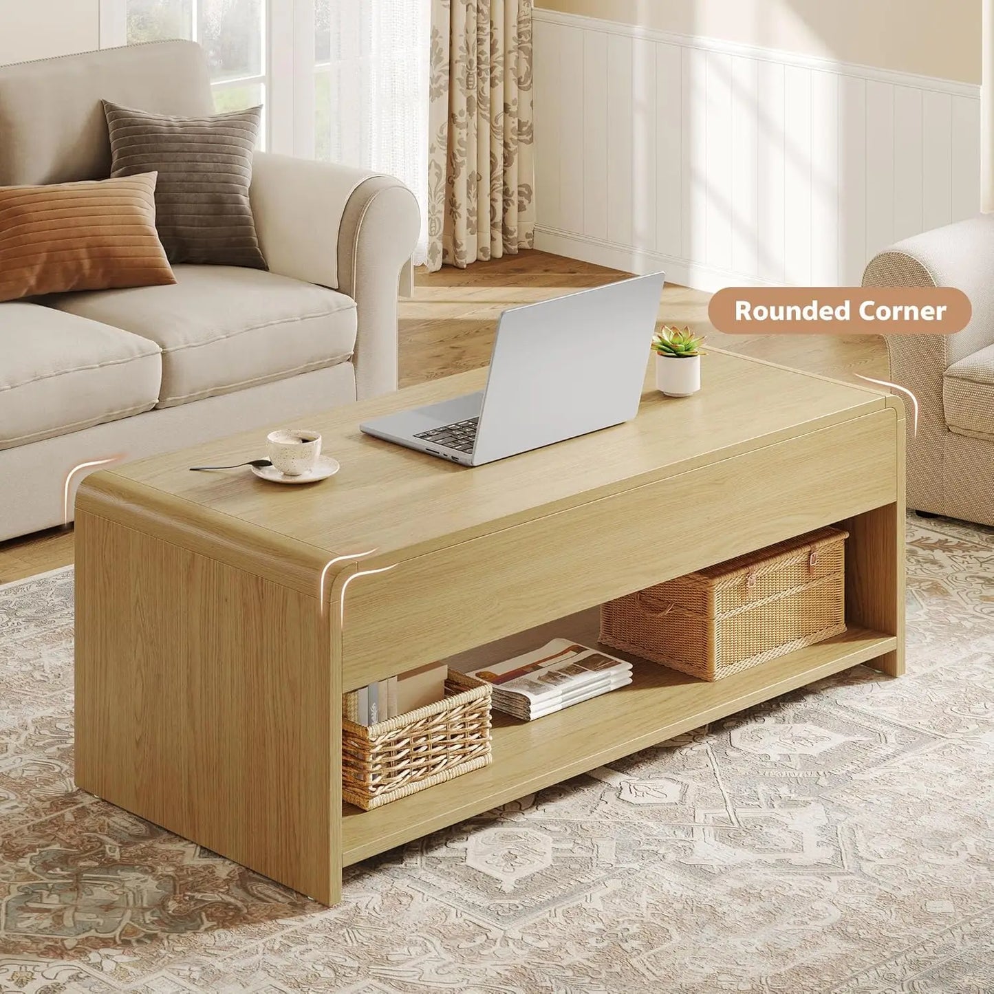 Lift Top Coffee Table, 35'' Multi-Function Coffee Table With Hidden Compartment & Open Shelf, Curved Profile Design, Converts To