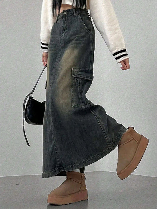 Women's Distressed Cargo Pocket Denim Maxi Skirt, Loose Fit, Fall Winter