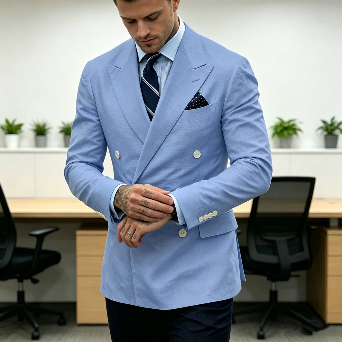 Men's Double Breasted Blazer Slim Fit Linen Suit Jacket Formal Business Casual Tuxedo for Wedding Prom Office Party Daily Wear