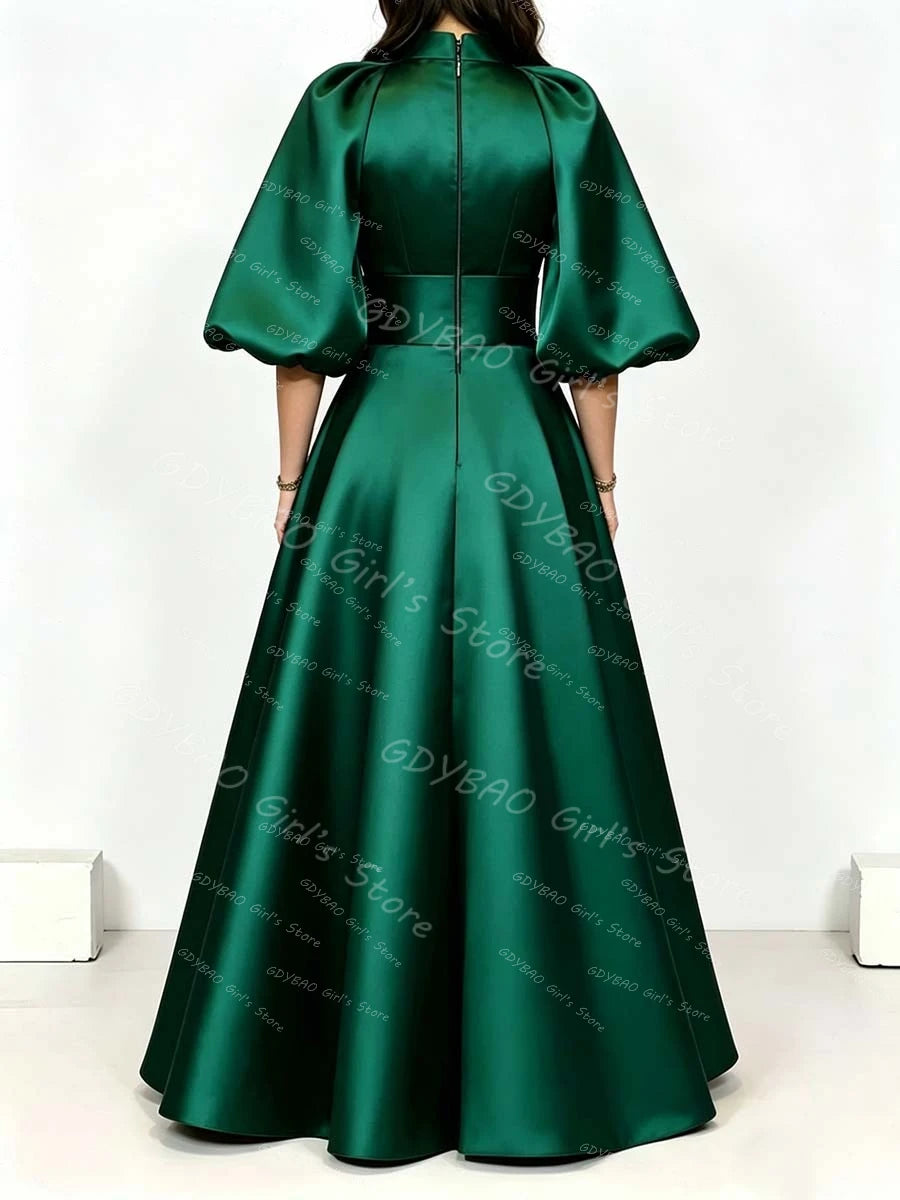 Customized Satin Pleated Bridesmaid Dress for Wedding Women‘s Vintage High Neck Balloon Sleeve Communion Party Evening Dress