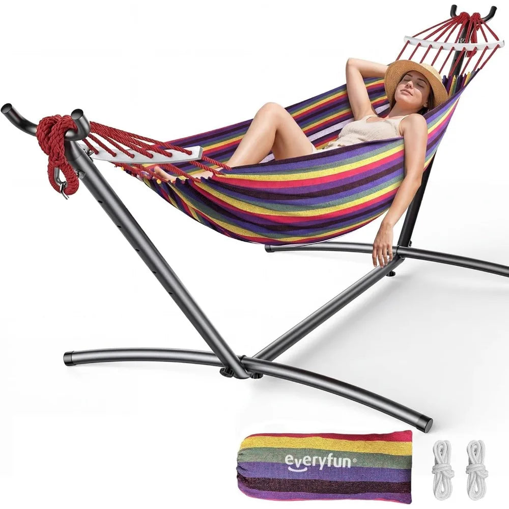 Double Hammock with Steel Stand Portable 600lbs Capacity for Indoor Yard Camping Outdoor
