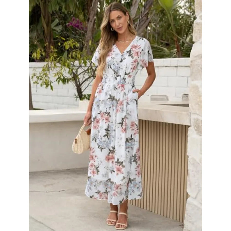 ANRABESS Womens Summer Floral Maxi Dress Casual V Neck Short Sleeve Chiffon Boho Flowy Beach 2026 Wedding Guest Long Dresses