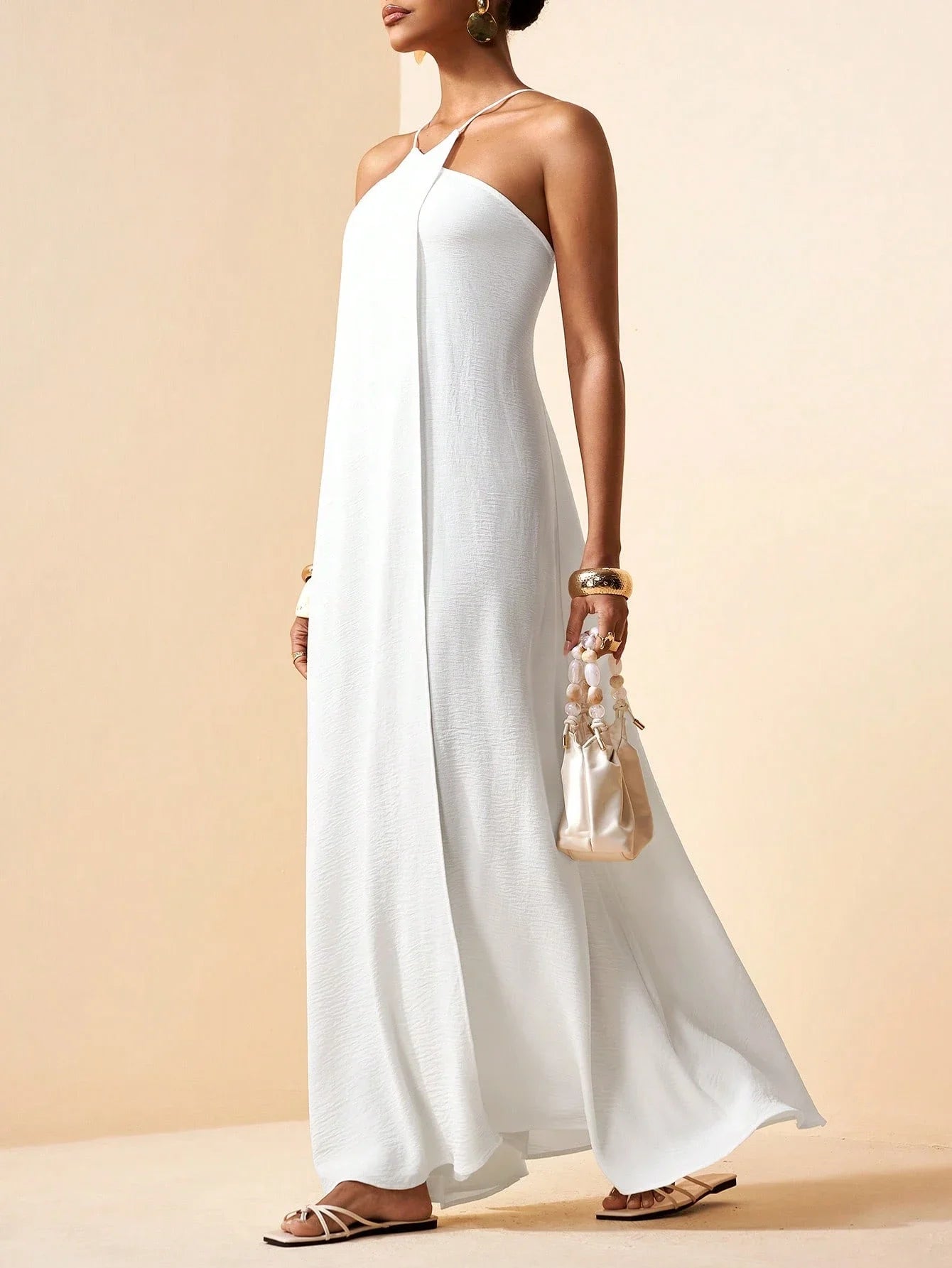 Boho Solid White Linen A-Line Backless Halter Long Dress For Vacation Beach Wedding