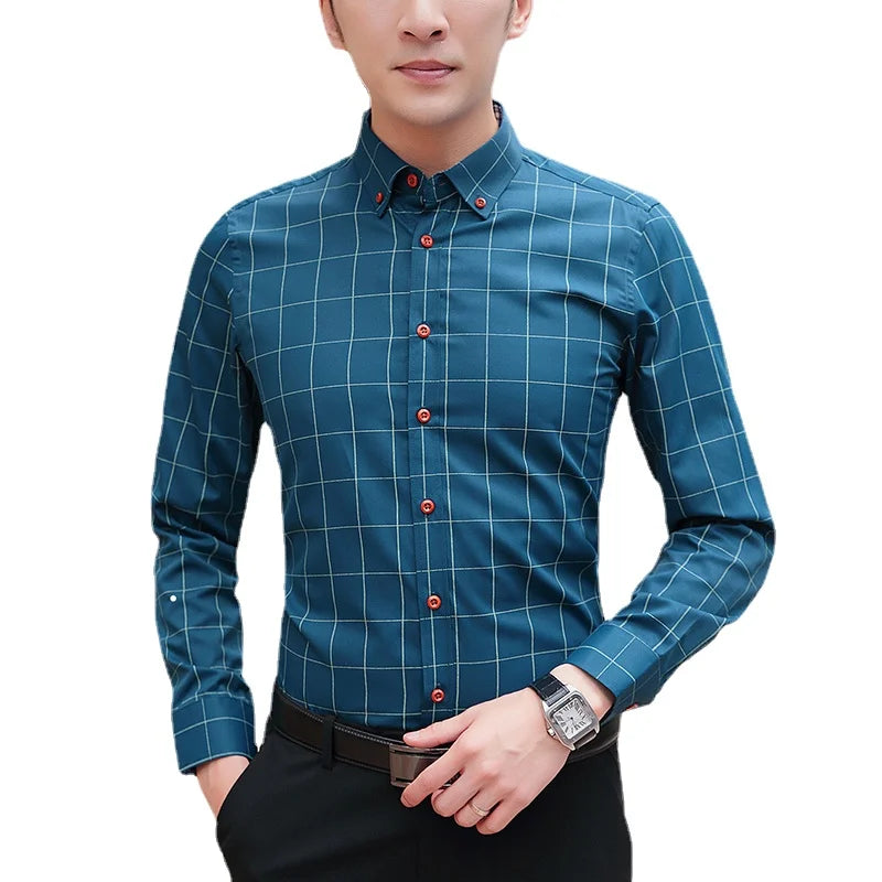 BROWON Brand Shirts Men Long Sleeve Turn-down Collar Plaid Pattern Men's Shirt Smart Casual Business Shirt Plus Size M - 5XL