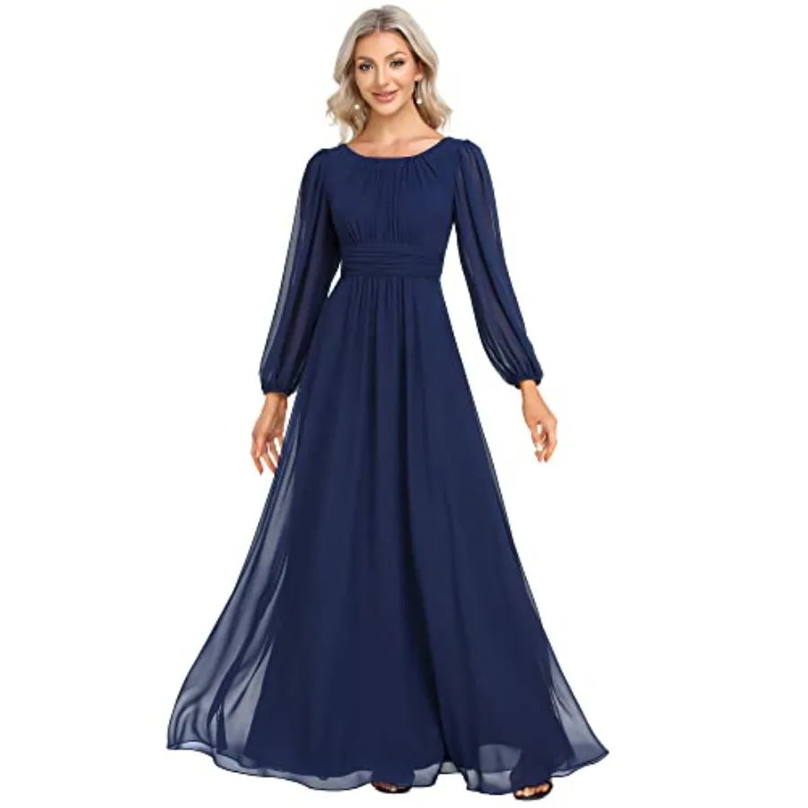 Ever-Pretty Women's Crewneck Long Lantern Sleeves Floor Length A-Line Pleated Chiffon Formal Dress 0B