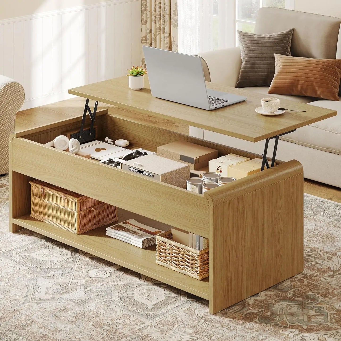 Lift Top Coffee Table, 35'' Multi-Function Coffee Table With Hidden Compartment & Open Shelf, Curved Profile Design, Converts To