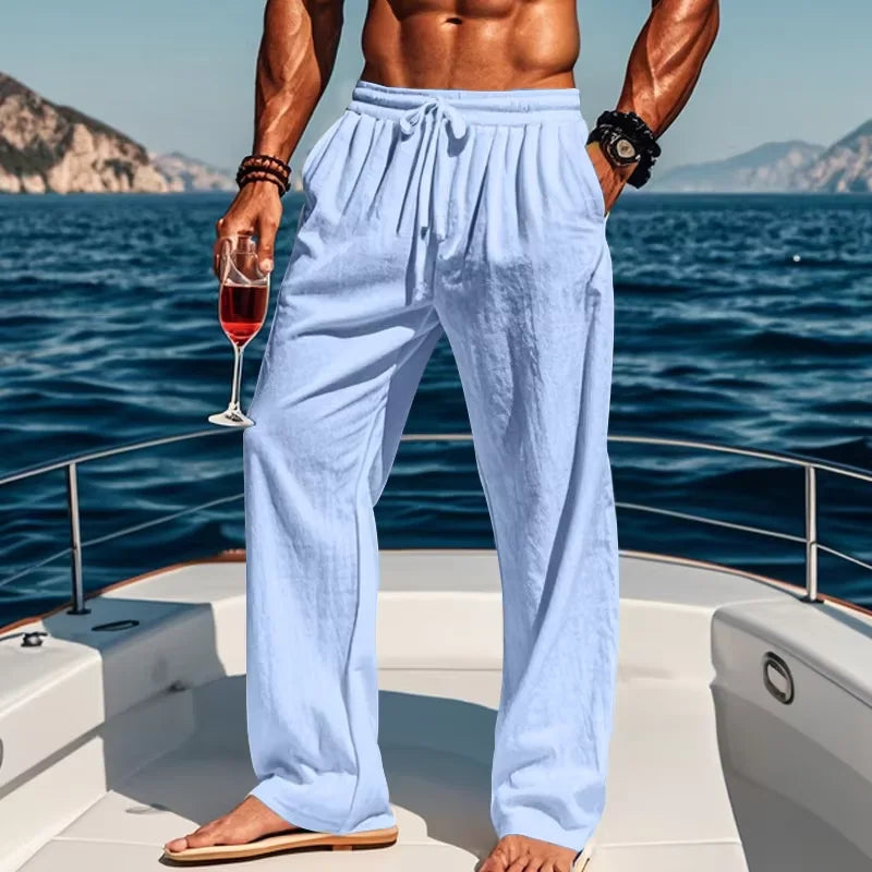 Men's Linen Casual Pants Elastic Drawstring Waist Wide Leg Trousers Summer Breathable Loose Fit Beach Pants Holiday Daily Wear