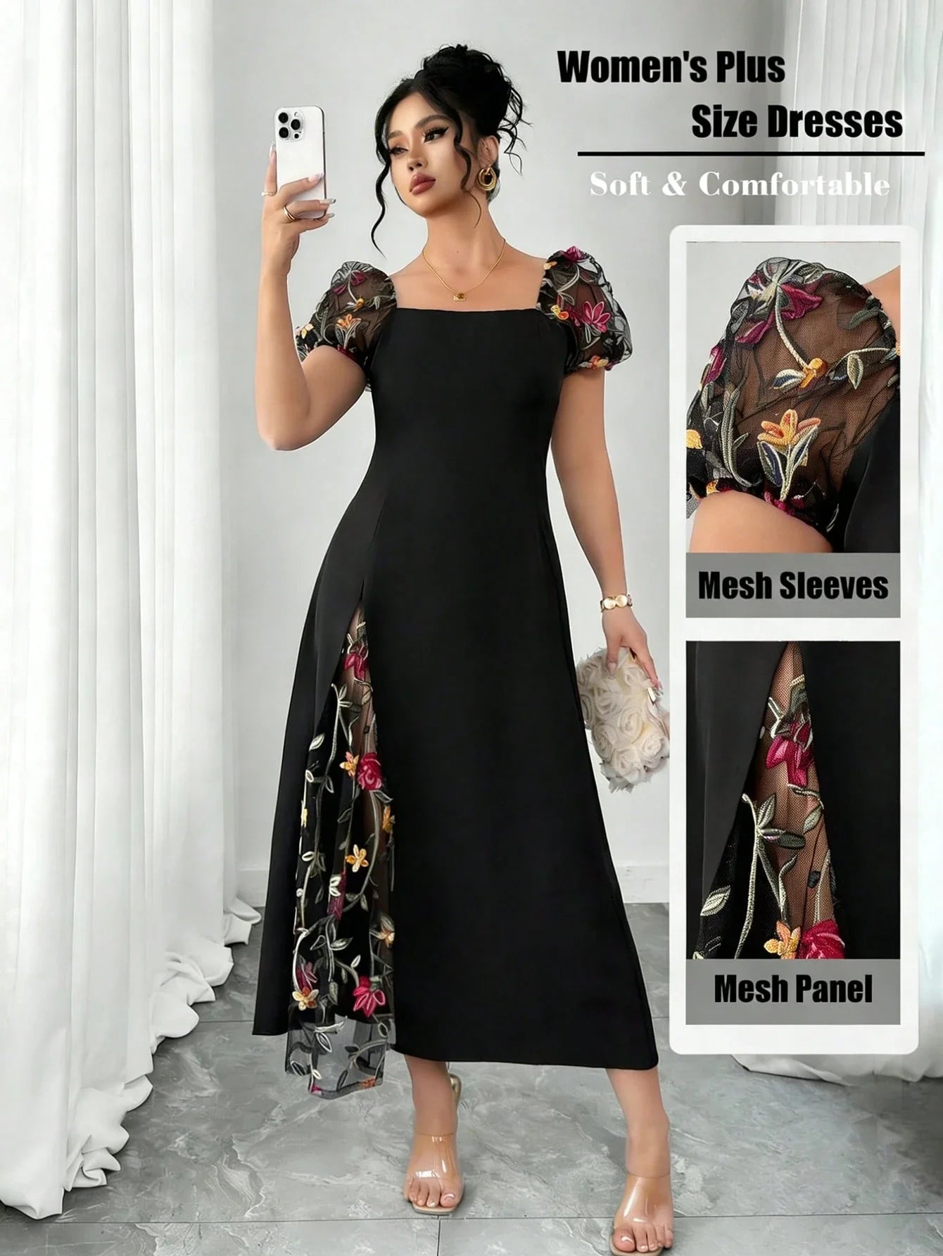 Elegant Black A-Line Midi Dress Plus Size Square Neck Sheer Puff Sleeve Floral Embroidery Split Thigh Party Dress