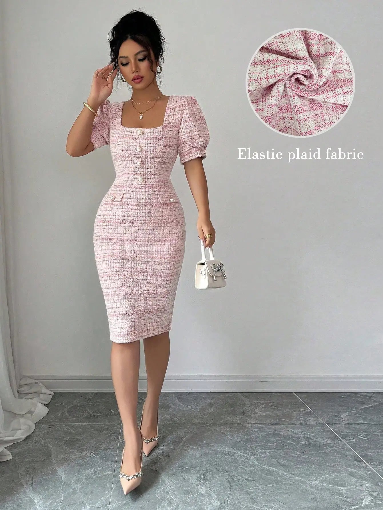 Elegant Plaid Puff Sleeve Square Neck Bodycon Dress For Women