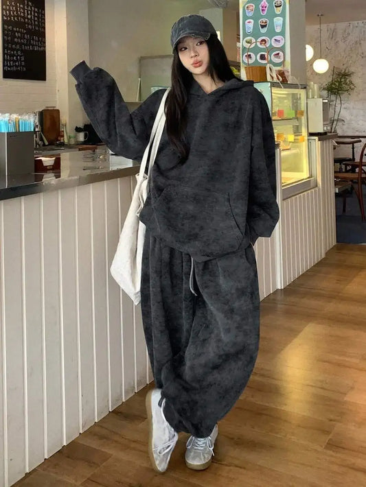 2pcs Set Women Hooded Casual Korean Style Sweatshirt And Loose Sweatpants Tracksuit