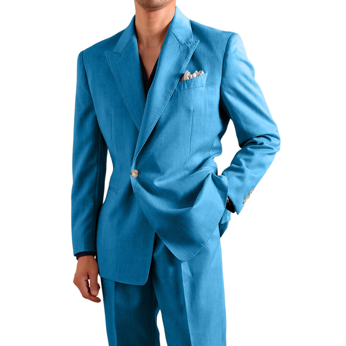 Men's Lightweight Linen 2-Piece Suit Set Peak Lapel Single Button Blazer Trousers Slim Fit Formal Summer Wedding Business Casual