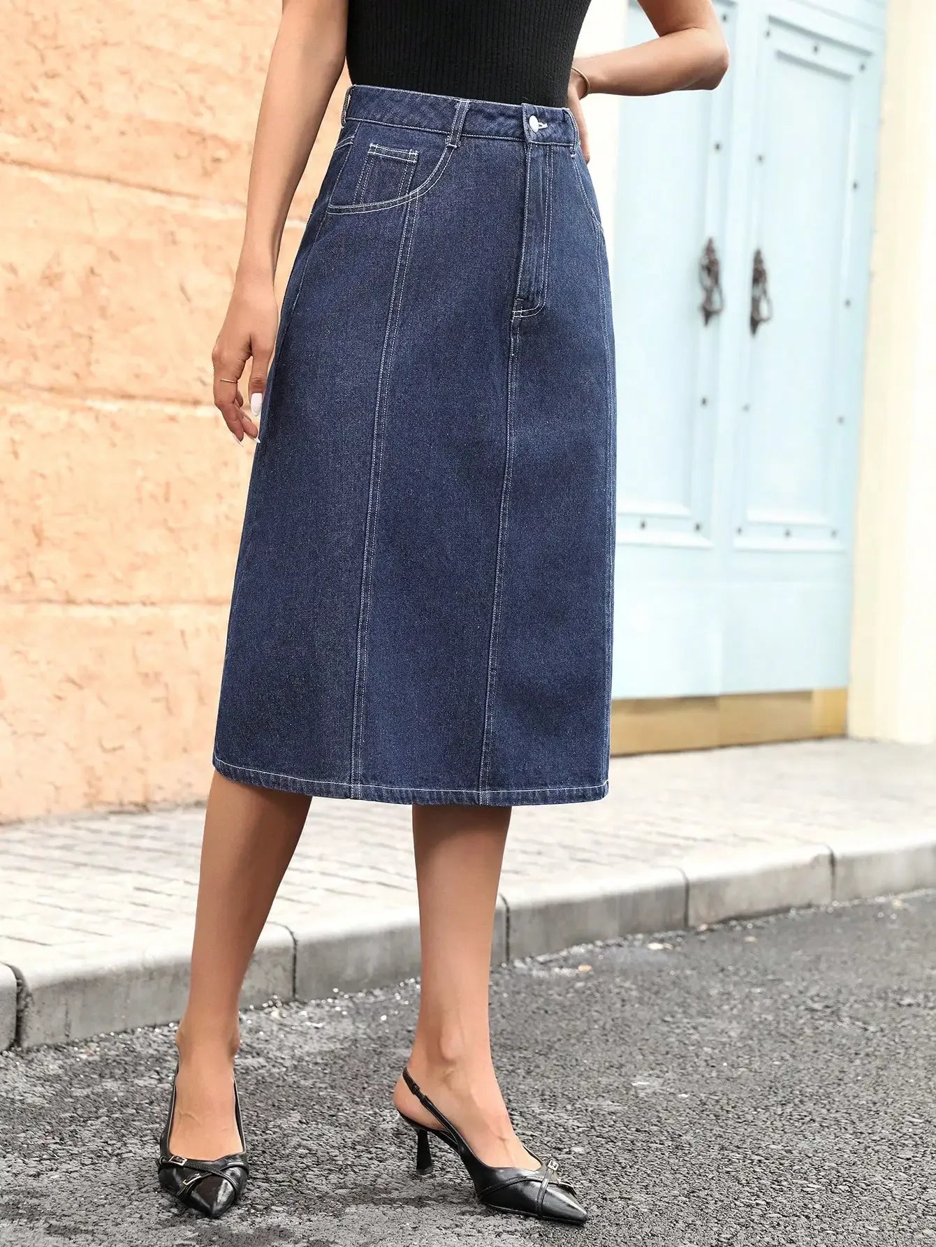 Women's Washed Mid-Length A-Line Denim Skirt with Pockets and Belt Loop