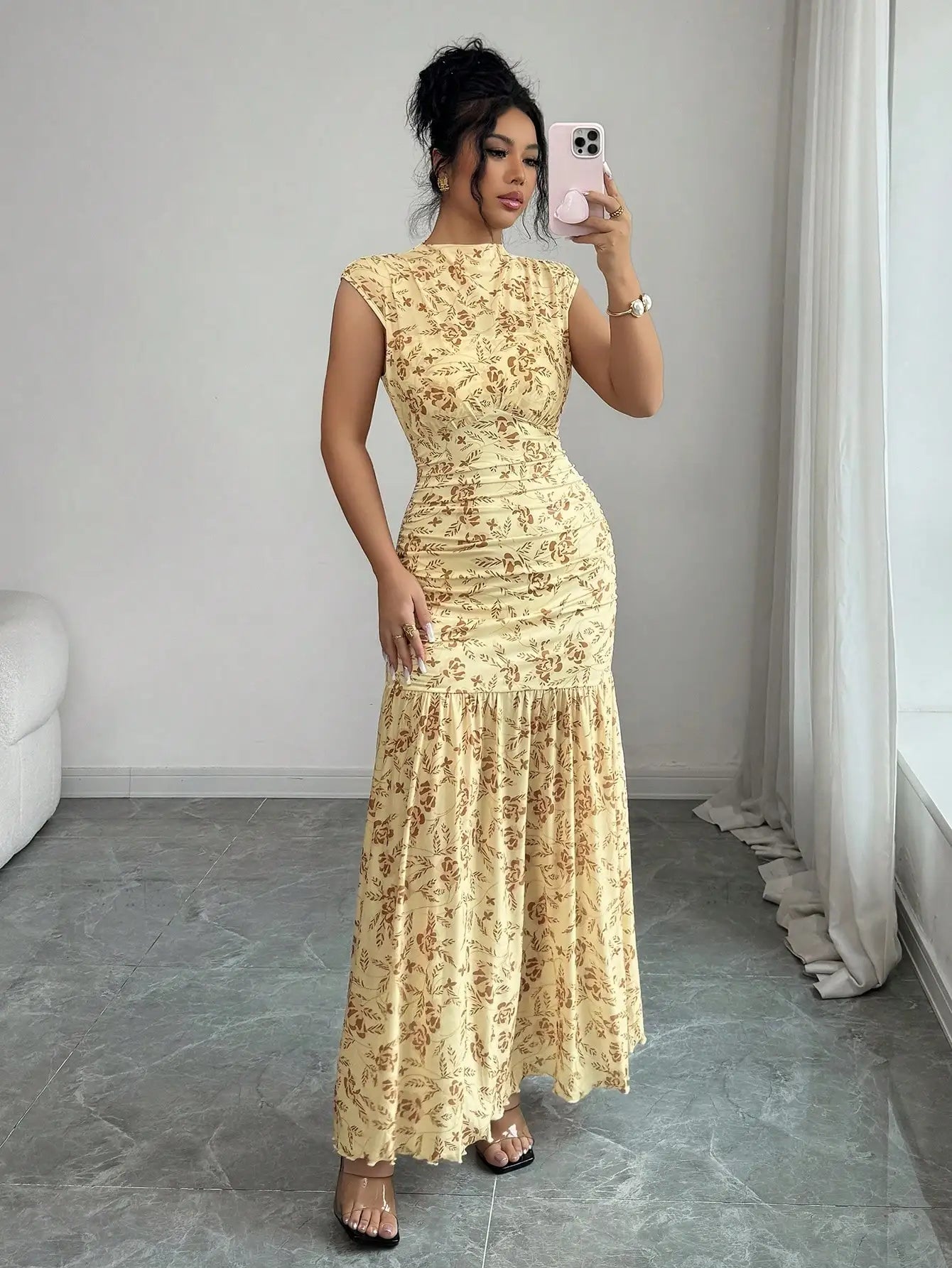 Yellow Floral Print Ruched Waist Elegant Floor-Length Dress For Women