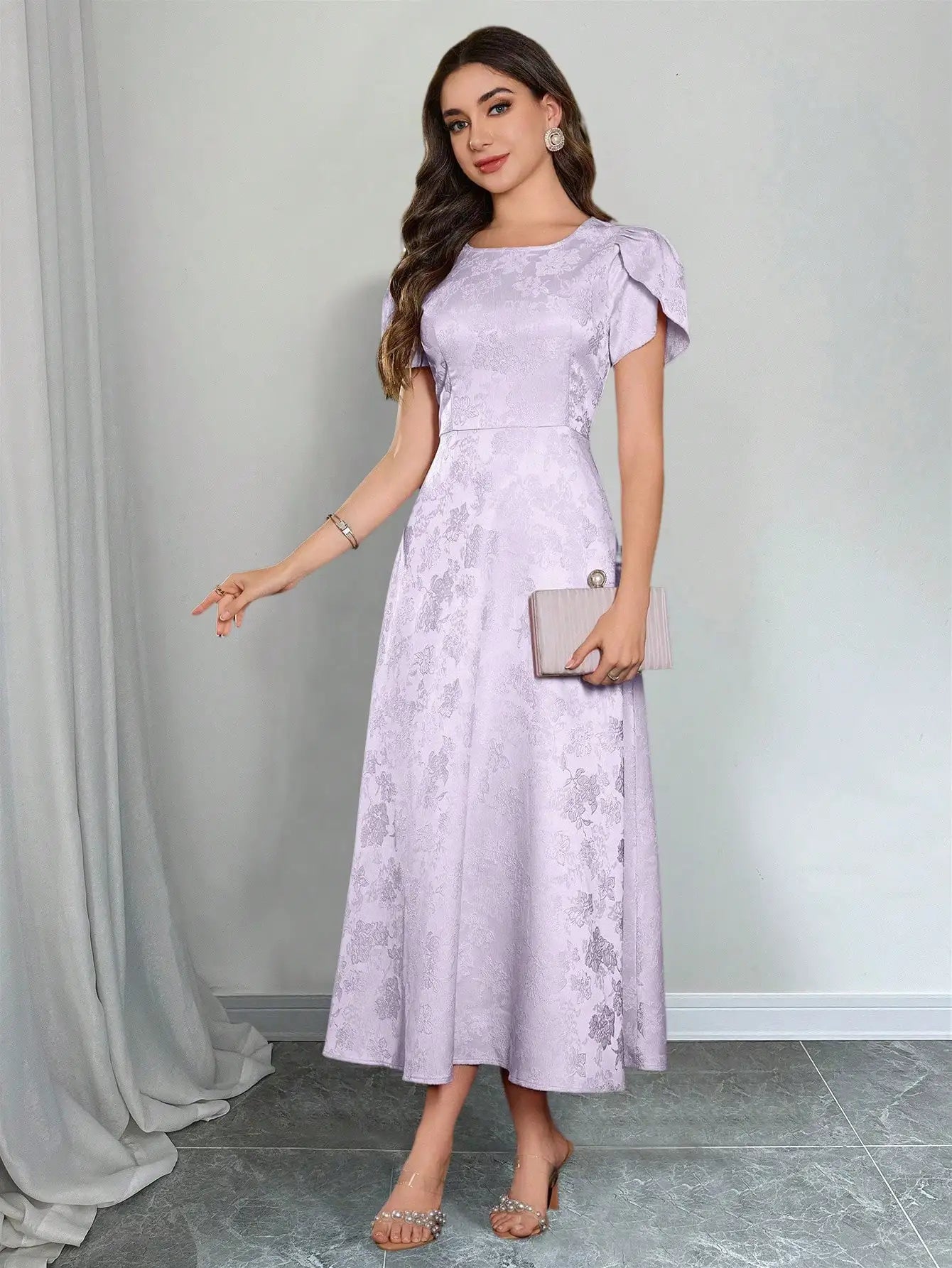 Elegant Round Neck Puff Sleeve Jacquard Floral Dress