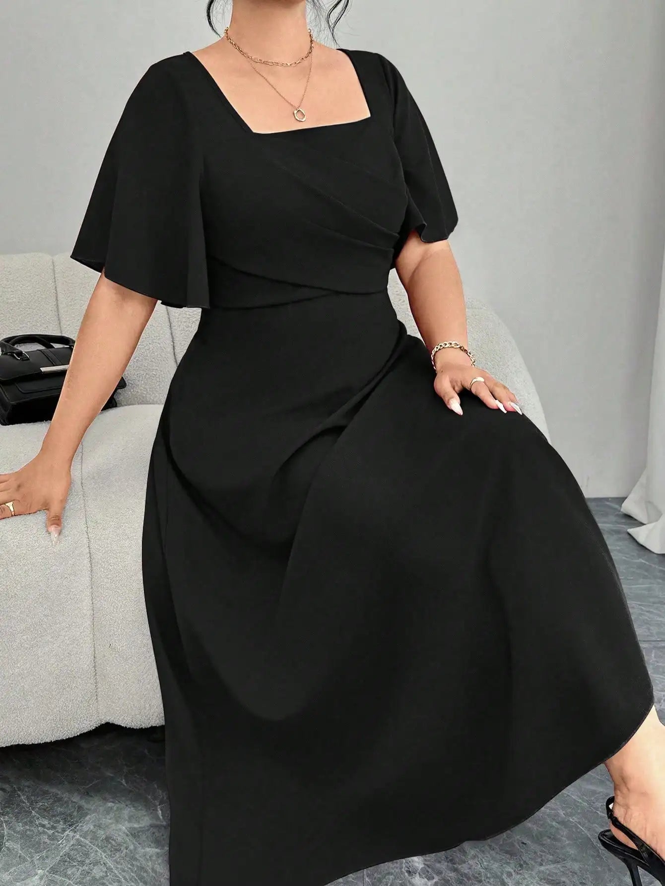 Elegant Plus Size Square Neck Draped Waist A-Line Midi Dress