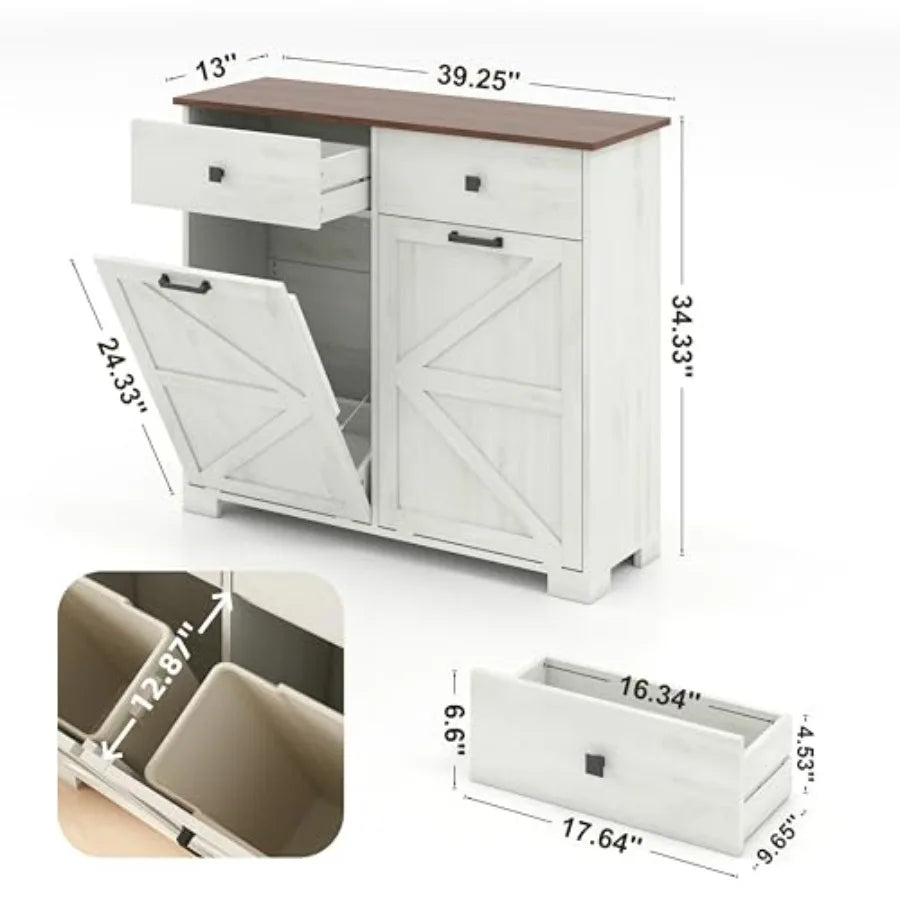 Farmhouse Double Tilt Out Trash Cabinet for 20 Gallon Trash Cans Free Standing Recycling Cabinet with Hideaway Drawer Barn Door