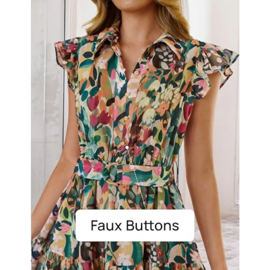 ZESICA Women's Summer Floral Midi Dress 2026 Casual Flutter Short Sleeve Chiffon Button Down Wedding Guest Party Dresses