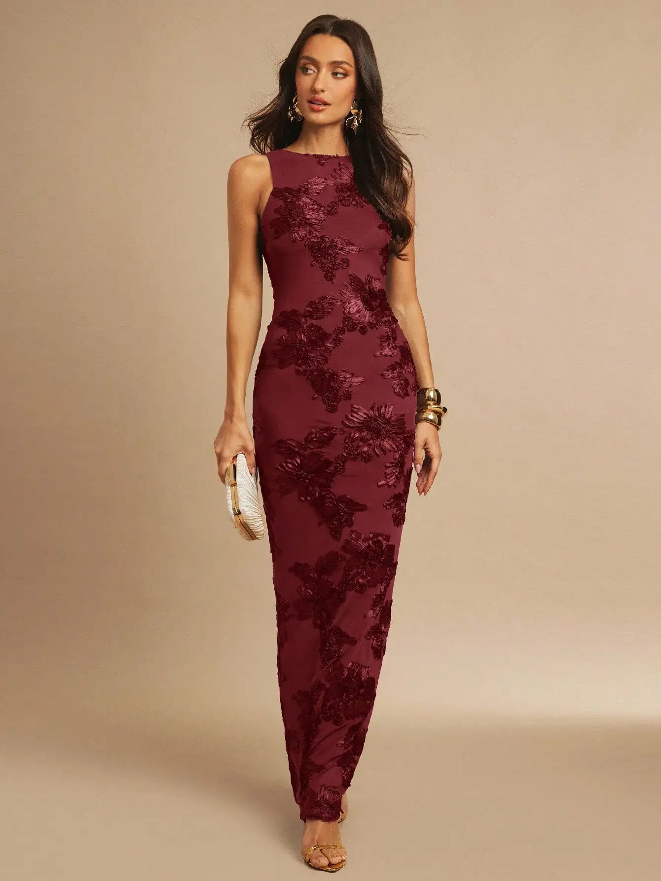 3D Floral Embroidered Fitted Sexy Maxi Dress