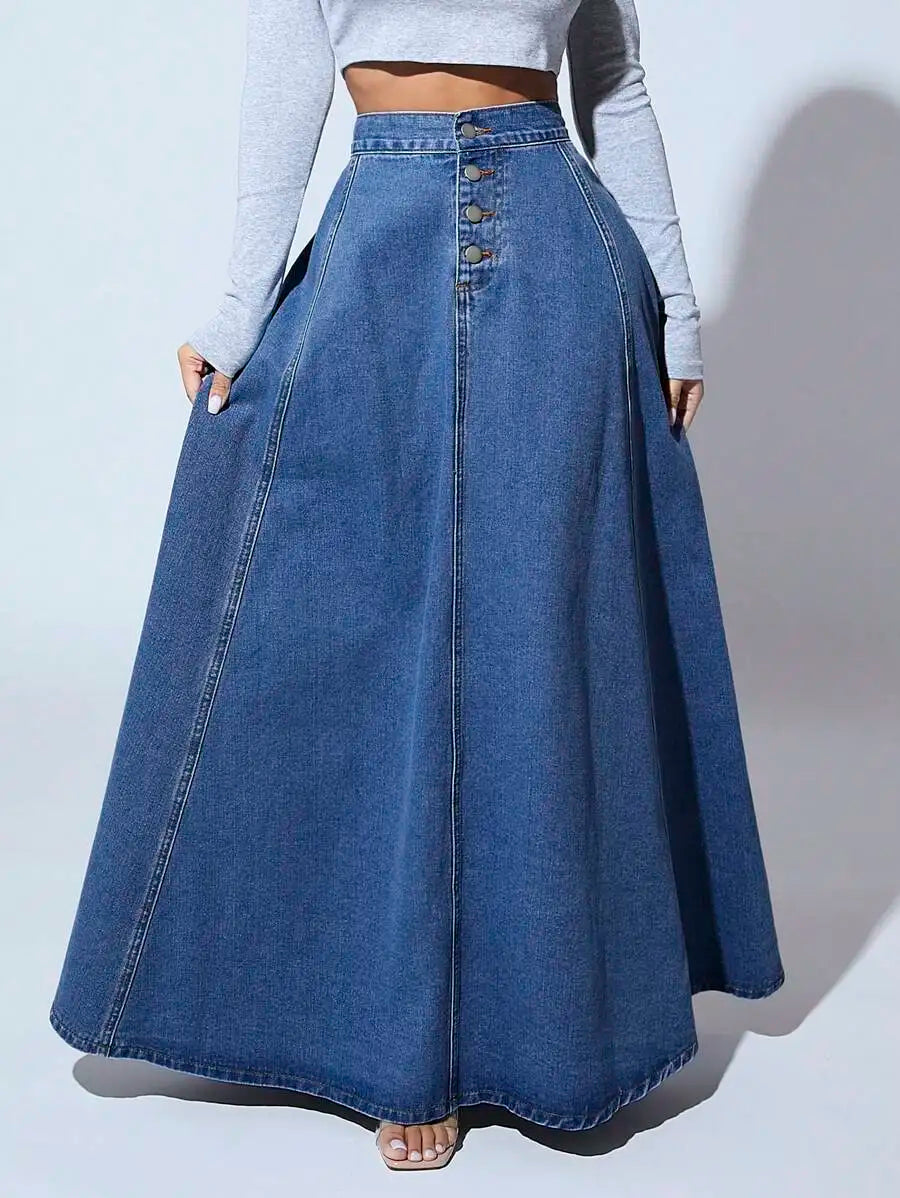 Front Button High-Waisted Denim Maxi Skirt for Women