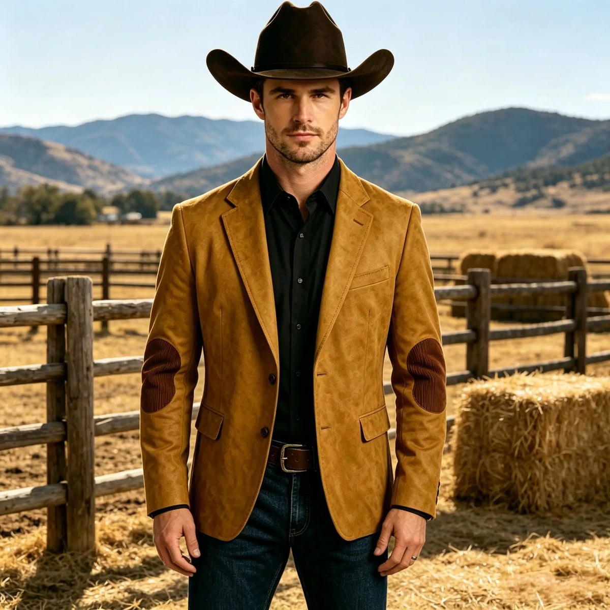 Men's Suede Blazer Western Style Two Button Sport Coat with Elbow Patches Casual Slim Fit Jacket for Business Cowboy Wedding