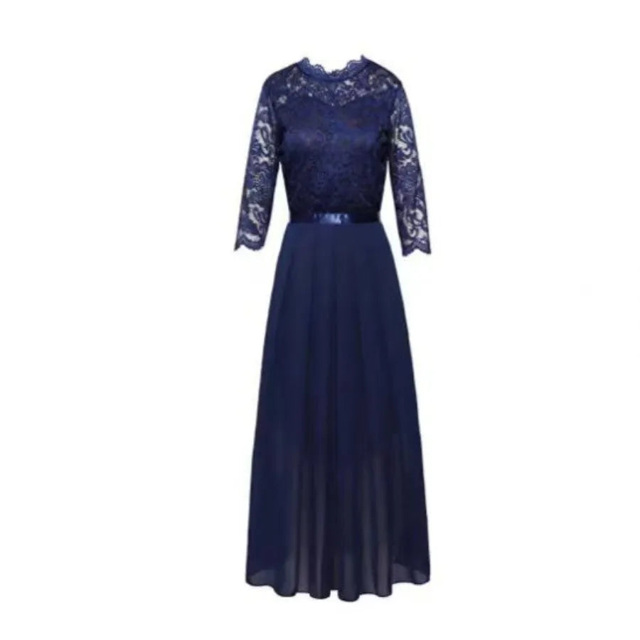 【New style】2026  evening dress European  stitching chiffon dress round neck lace long dress evening dress women