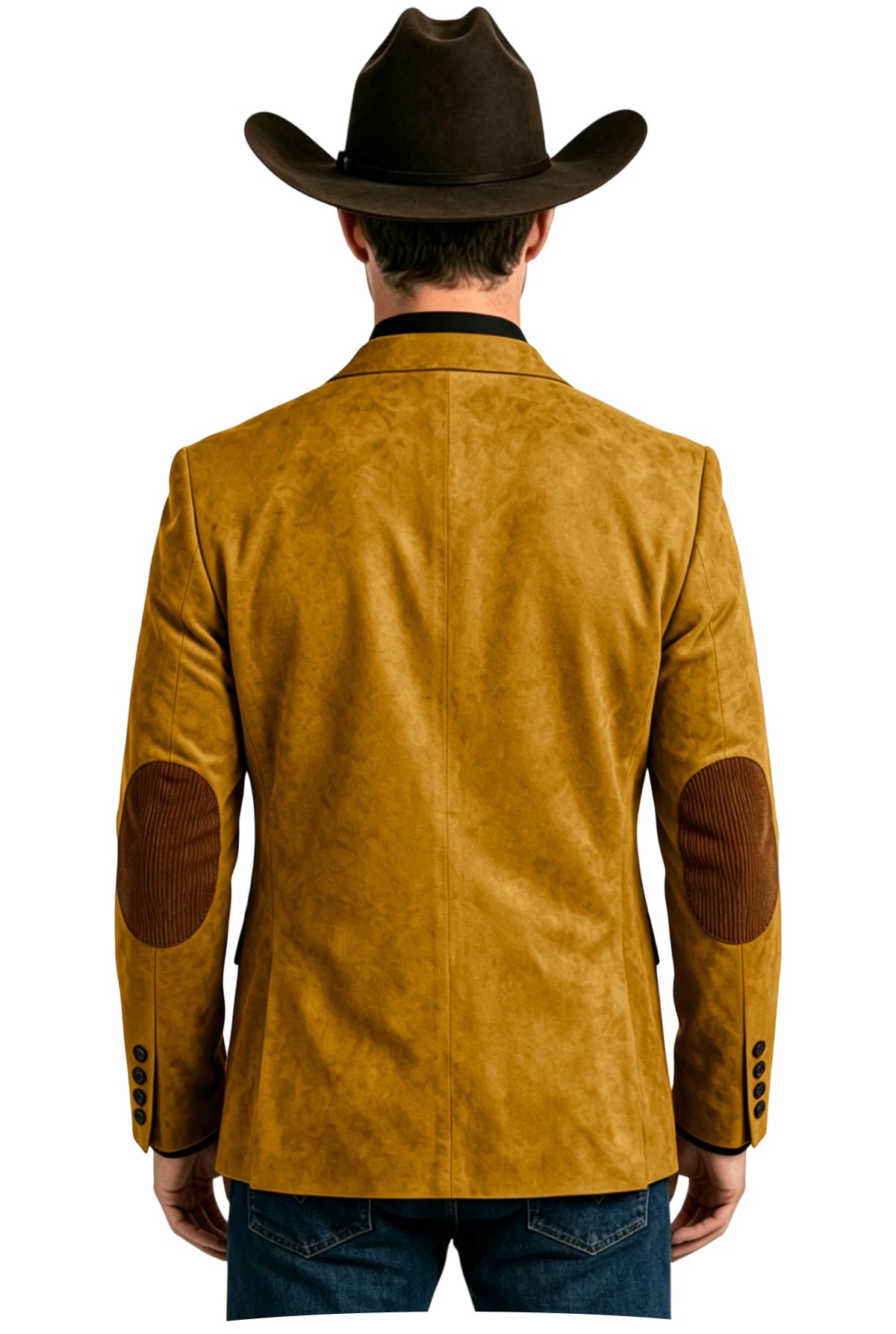 Men's Suede Blazer Western Style Two Button Sport Coat with Elbow Patches Casual Slim Fit Jacket for Business Cowboy Wedding