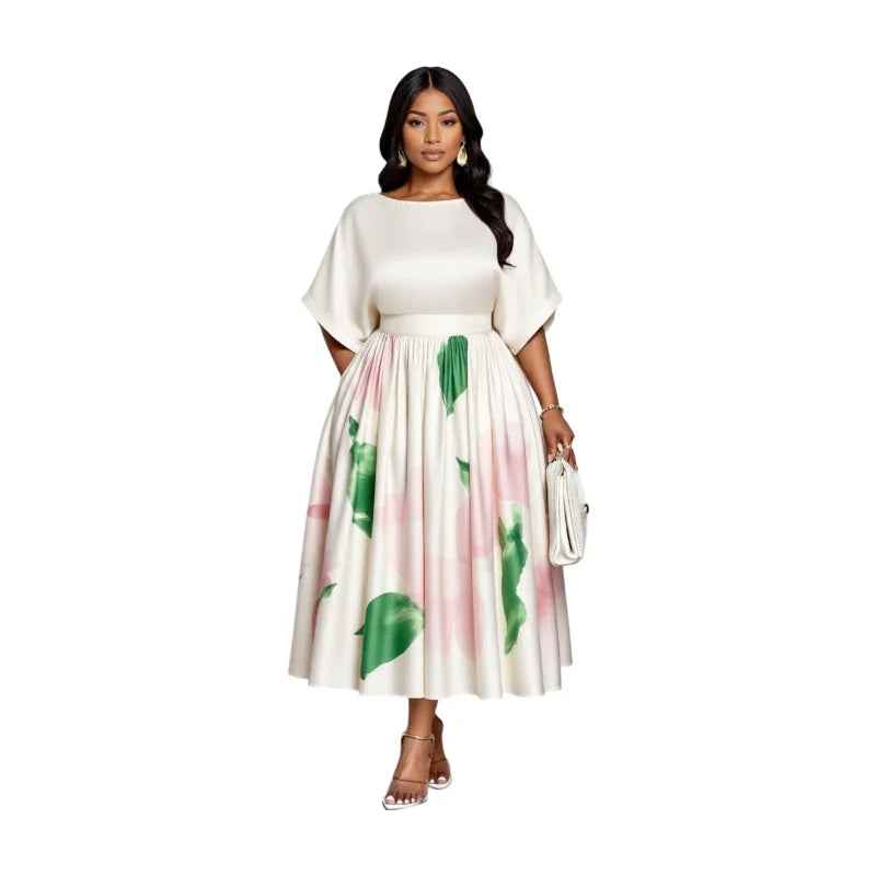 Plus Size Round Neck Batwing Sleeve Printed Midi Swing Dress For Women Wedding Guest Brunch Daily Elegant Party Occasions