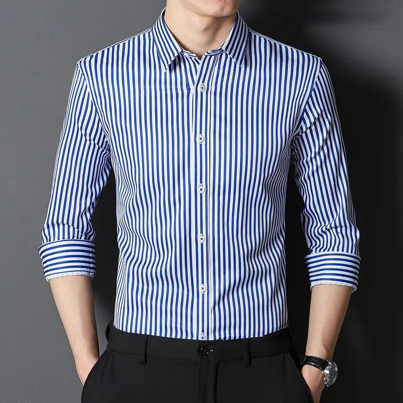 BROWON Brand 2026 Spring Long Sleeve Formal Shirt Men Manage Striped Business Shirts for Man Slim-fit Elasticity Work Man