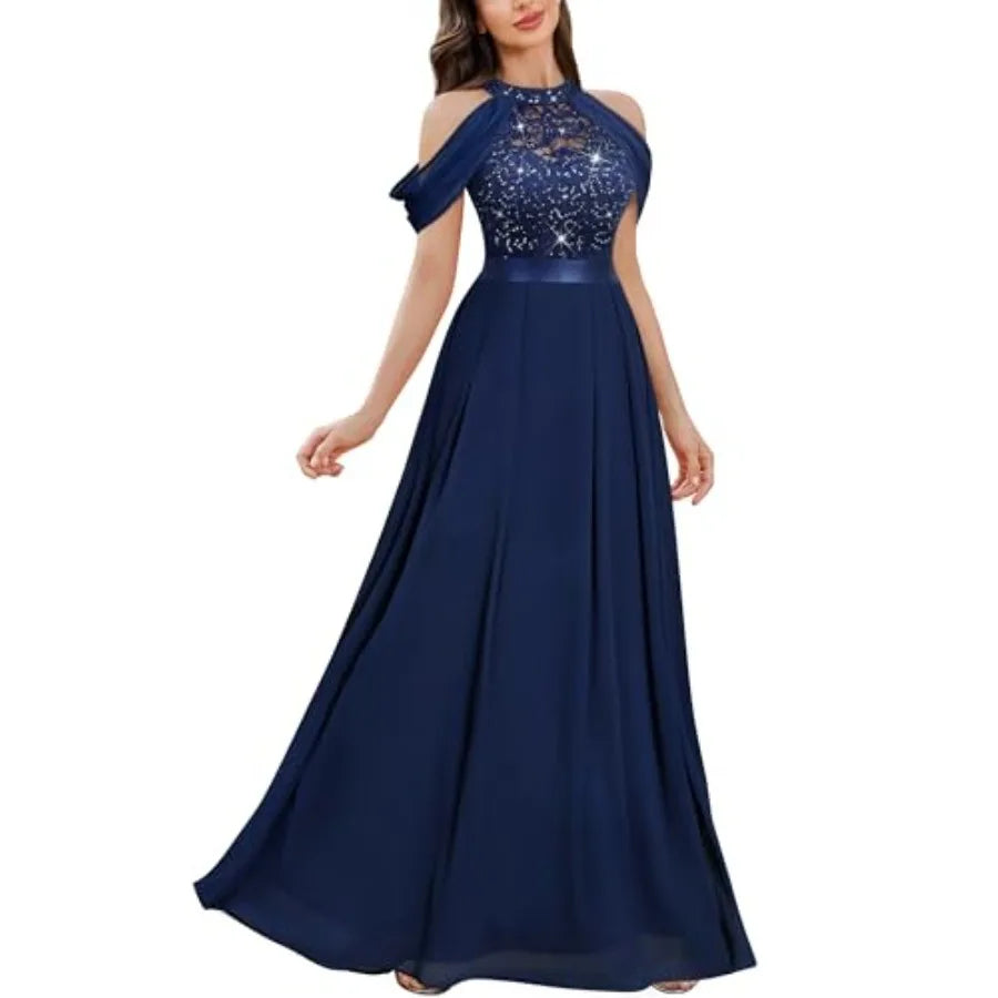 Women's Classic Lace Sleeveless Sequin Contrast Chiffon Bridesmaid Maxi Dress