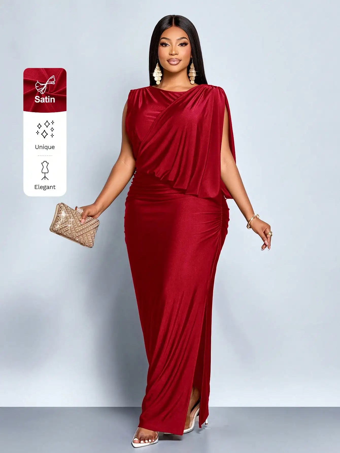 Elegant Red Sleeveless Asymmetrical Draped Maxi Dress With Side Slit For Party Evening Prom