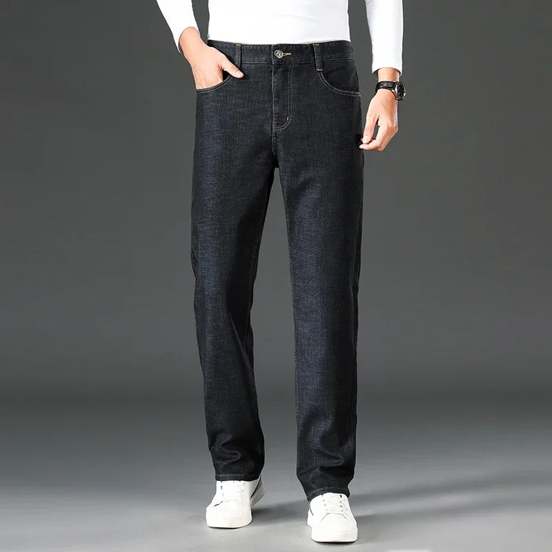 BROWON Brand 2026 Summer Straight Jeans Male Zipper Fly Casual Thin Black Jeans Men Business Solid Color Elasticity Pant Man