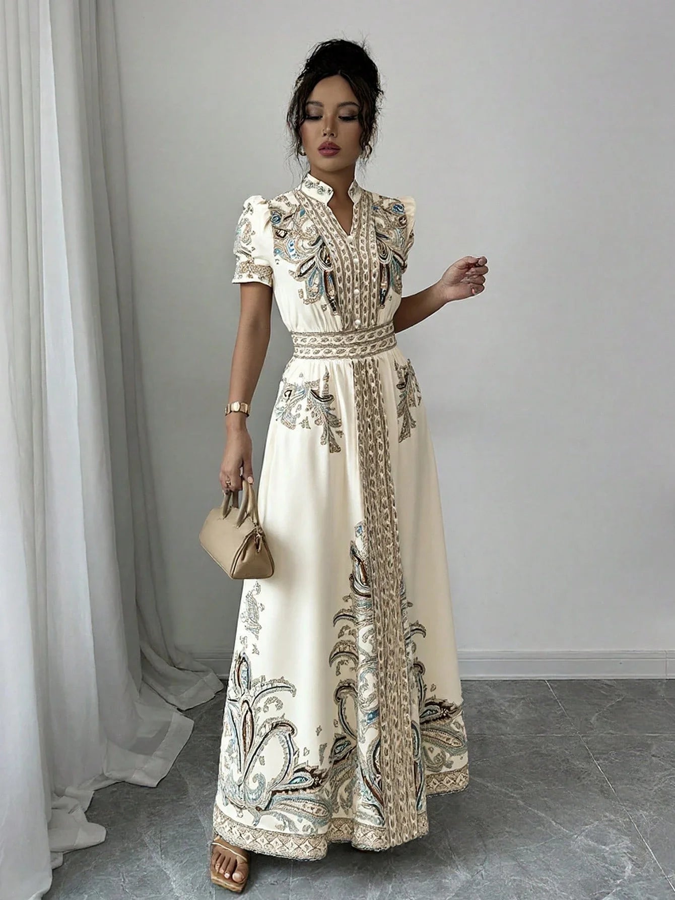 Elegant A-Line Maxi Dress With Puff Sleeve Notched Neck Embroidered Paisley Pattern