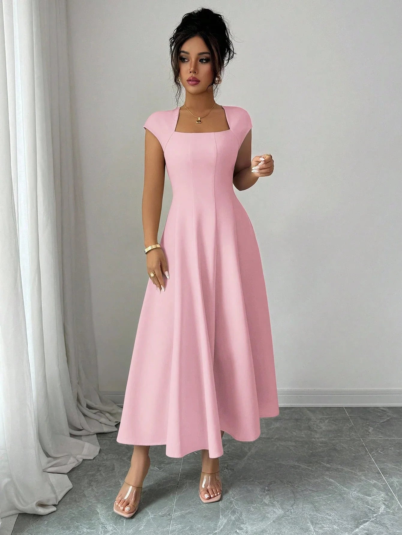 Elegant Solid Color Square Neck Short Sleeve A-Line Midi Dress For Women