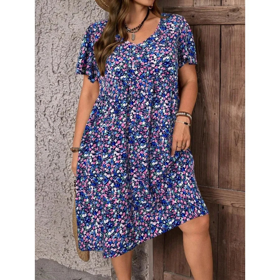 Ditsy Floral Round Neck Short Sleeve Ruffle Dress For Women