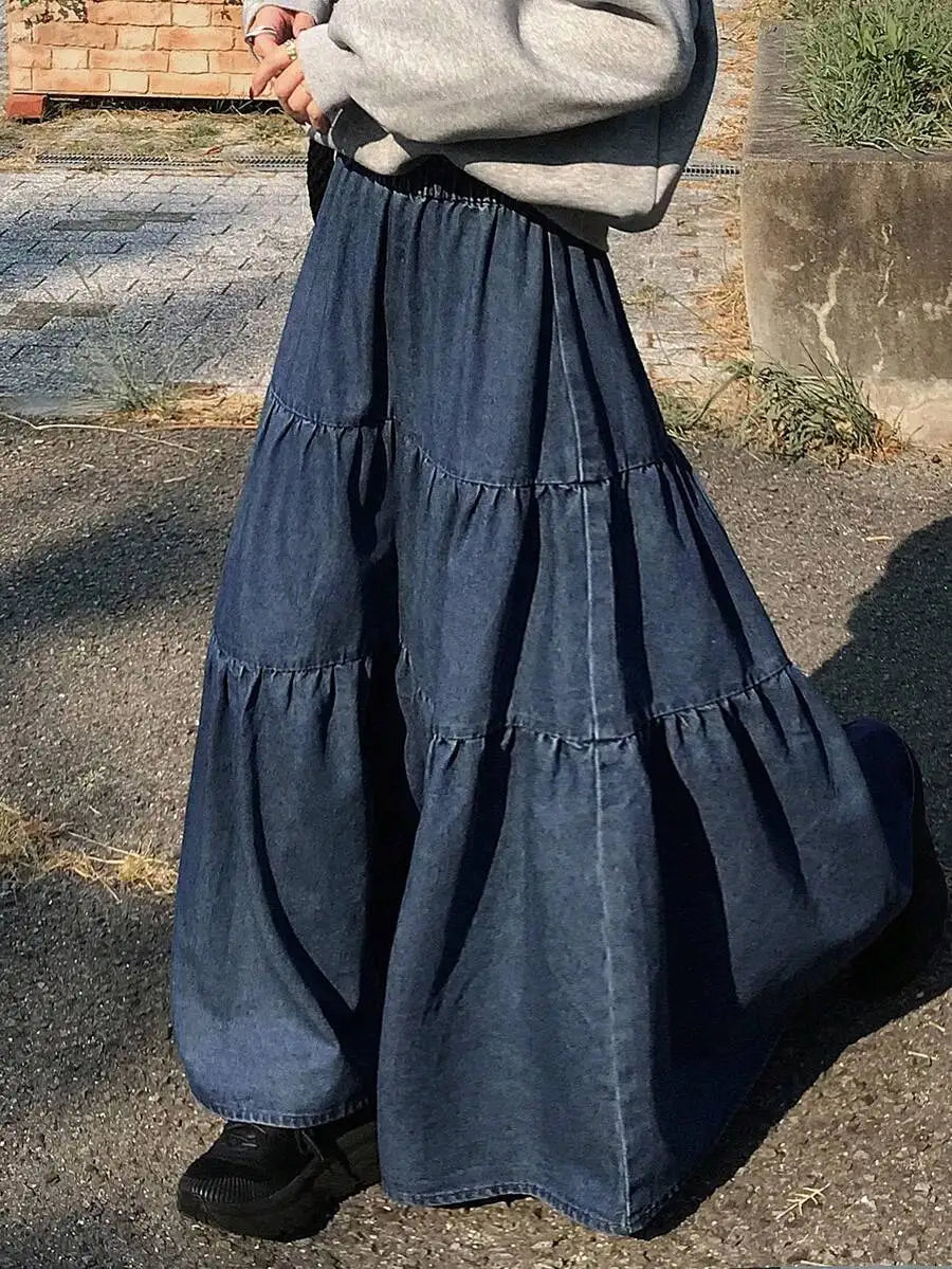 Women's Tiered Ruffle Hem Elastic Waist Long Denim Skirt