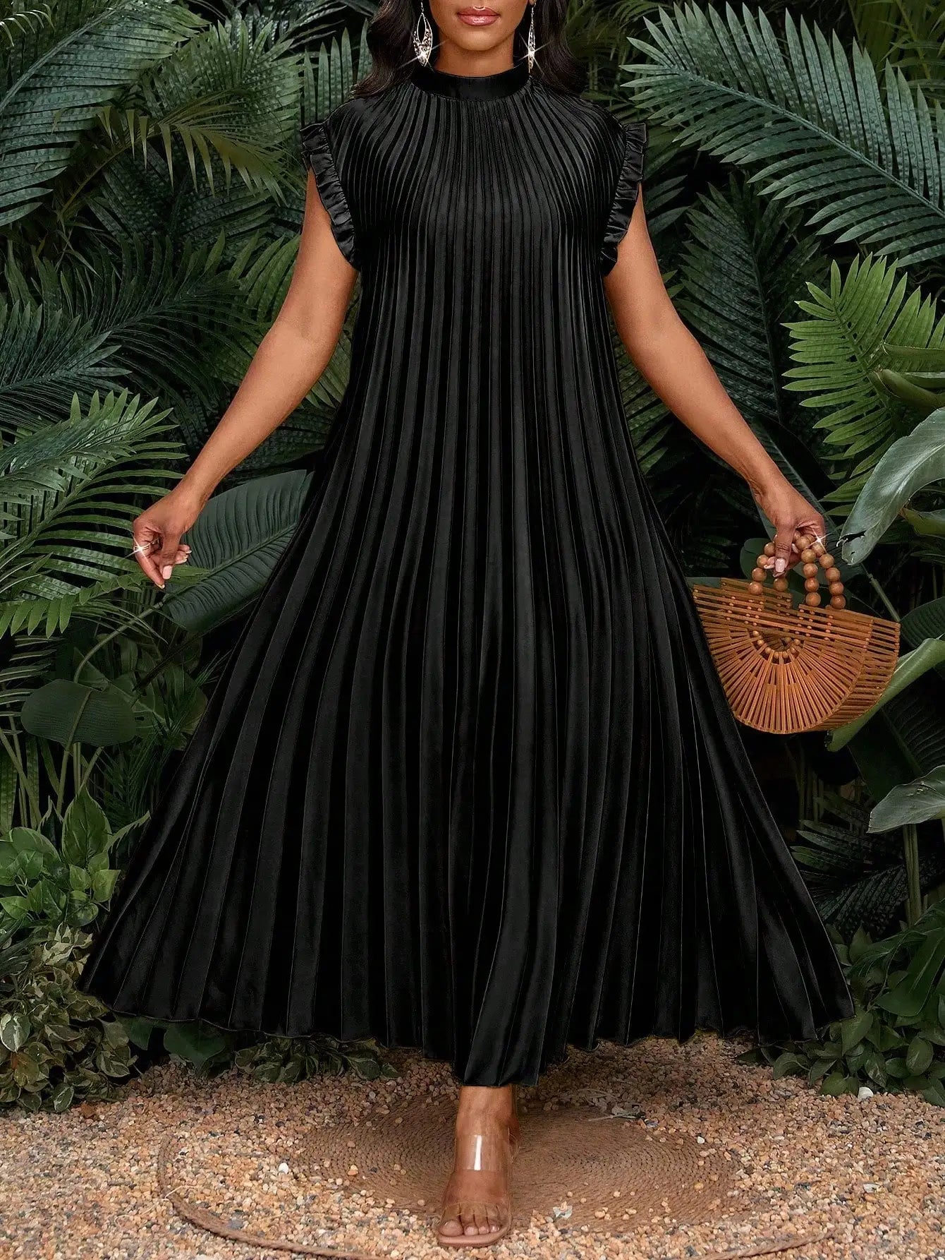Pleated A-Line Maxi Dress With Stand Collar And Ruffle Cap Sleeves For Party Wedding Beach Event
