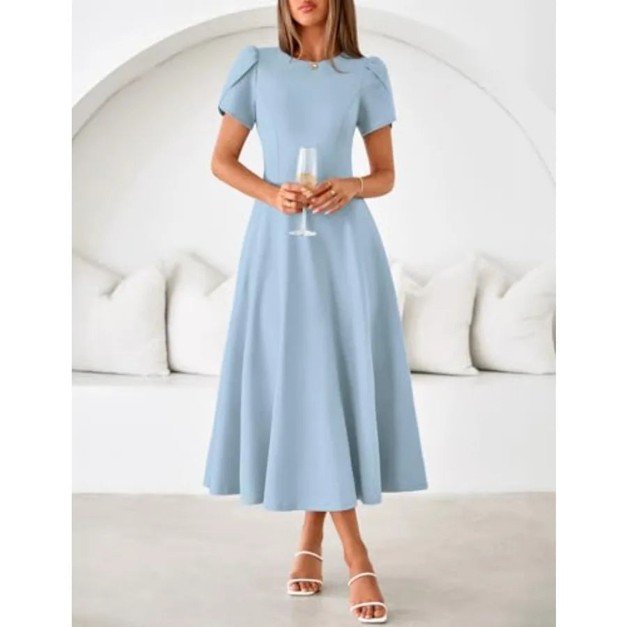 MEROKEETY Women's 2026 Summer Midi Dresses Short Sleeve Crewneck A Line Pleated Wedding Guest Flowy Long Dress with Pockets