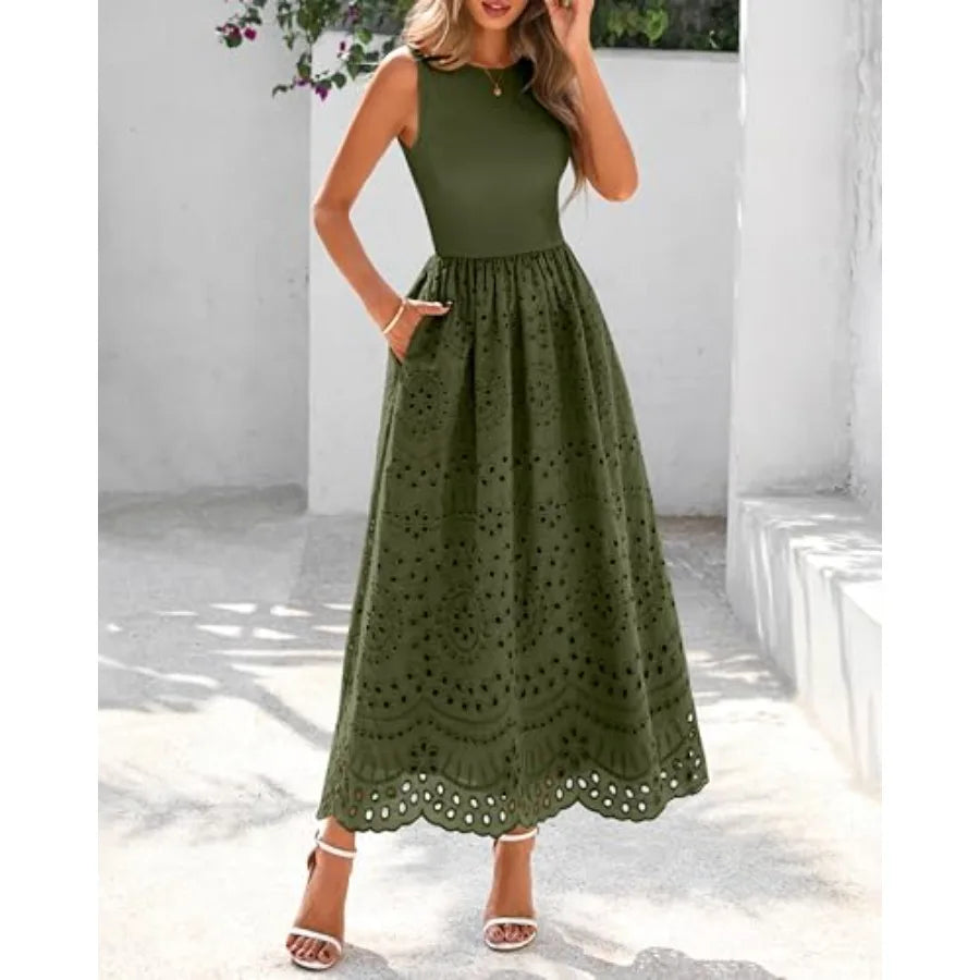 dowerme Women Summer Dresses 2026 Casual Sleeveless Crewneck A-Line Boho Lace Eyelet Cotton Tank Maxi Dress with Pockets