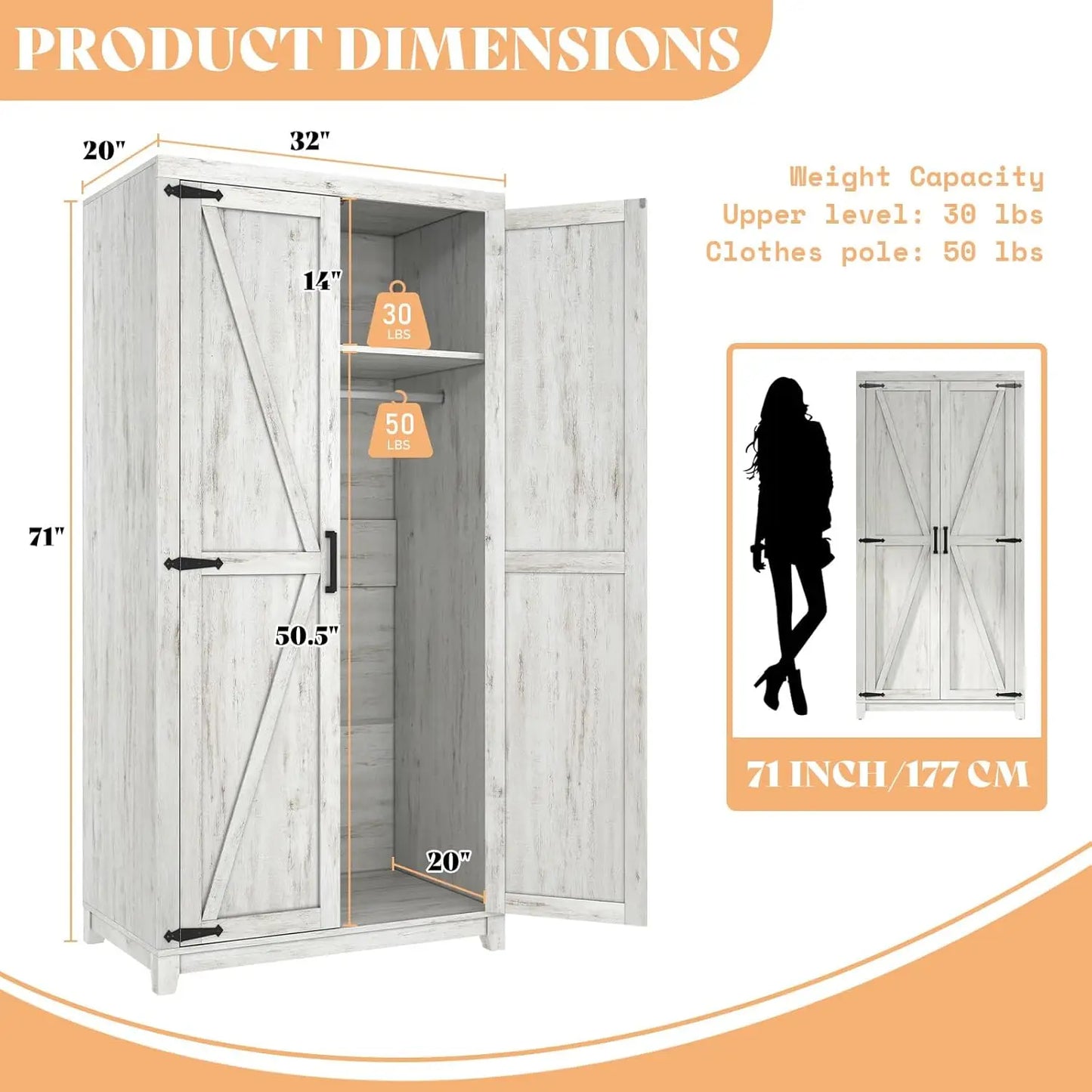 Farmhouse Armoire Closet 71in Barn Doors Cabinet Rod & Shelf Bedroom Storage White Custom