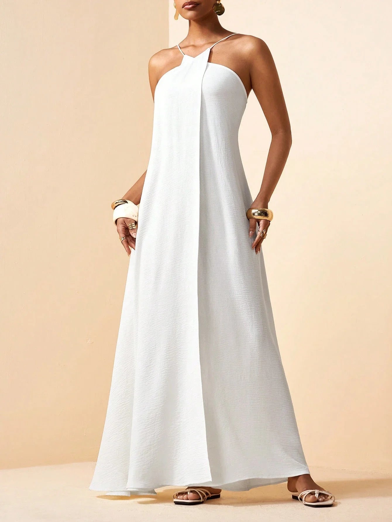 Boho Solid White Linen A-Line Backless Halter Long Dress For Vacation Beach Wedding