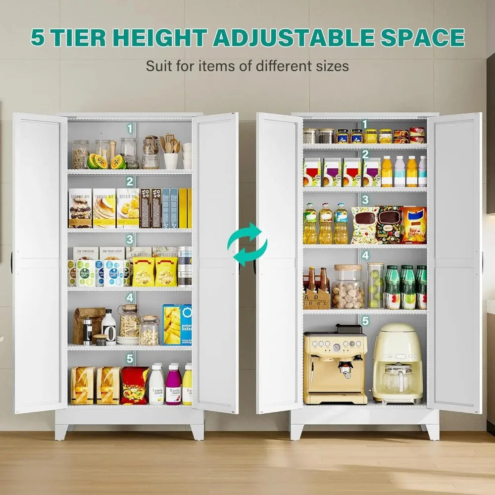72" Tall Pantry Storage Cabinet with 2 Doors 5 Shelves Farmhouse White Cupboard for Kitchen Bathroom Living Room, Custom