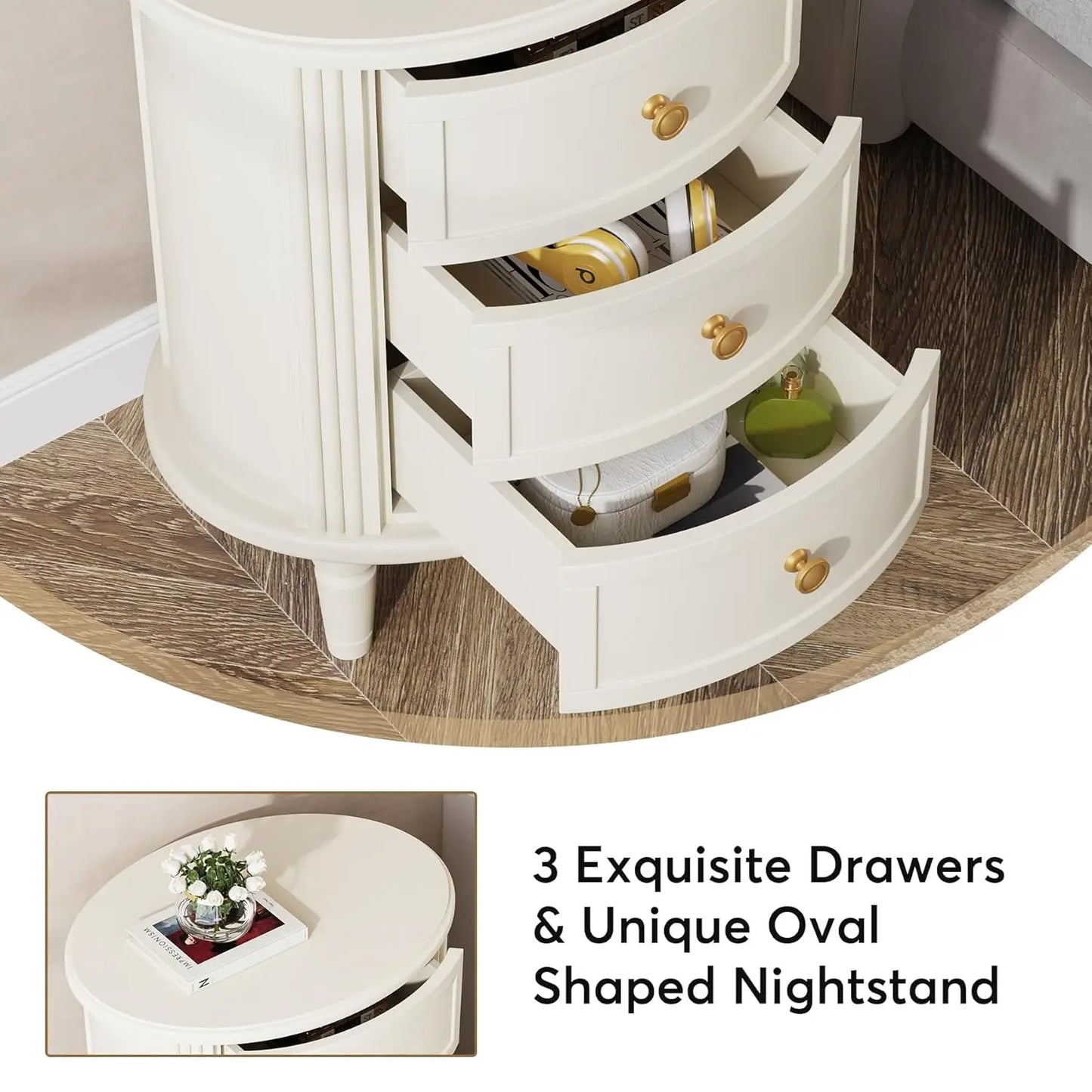 Nightstand with 3 Drawers, Oval Bed Side Table for Bedroom, Fully Assembled, Farmhouse Night Stand with Storage, Customized
